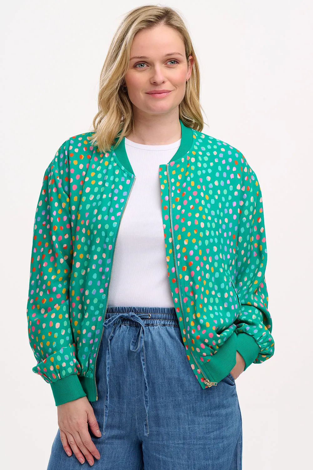 Bobbi Bomber Jacket - Green. Rainbow Pebbles
