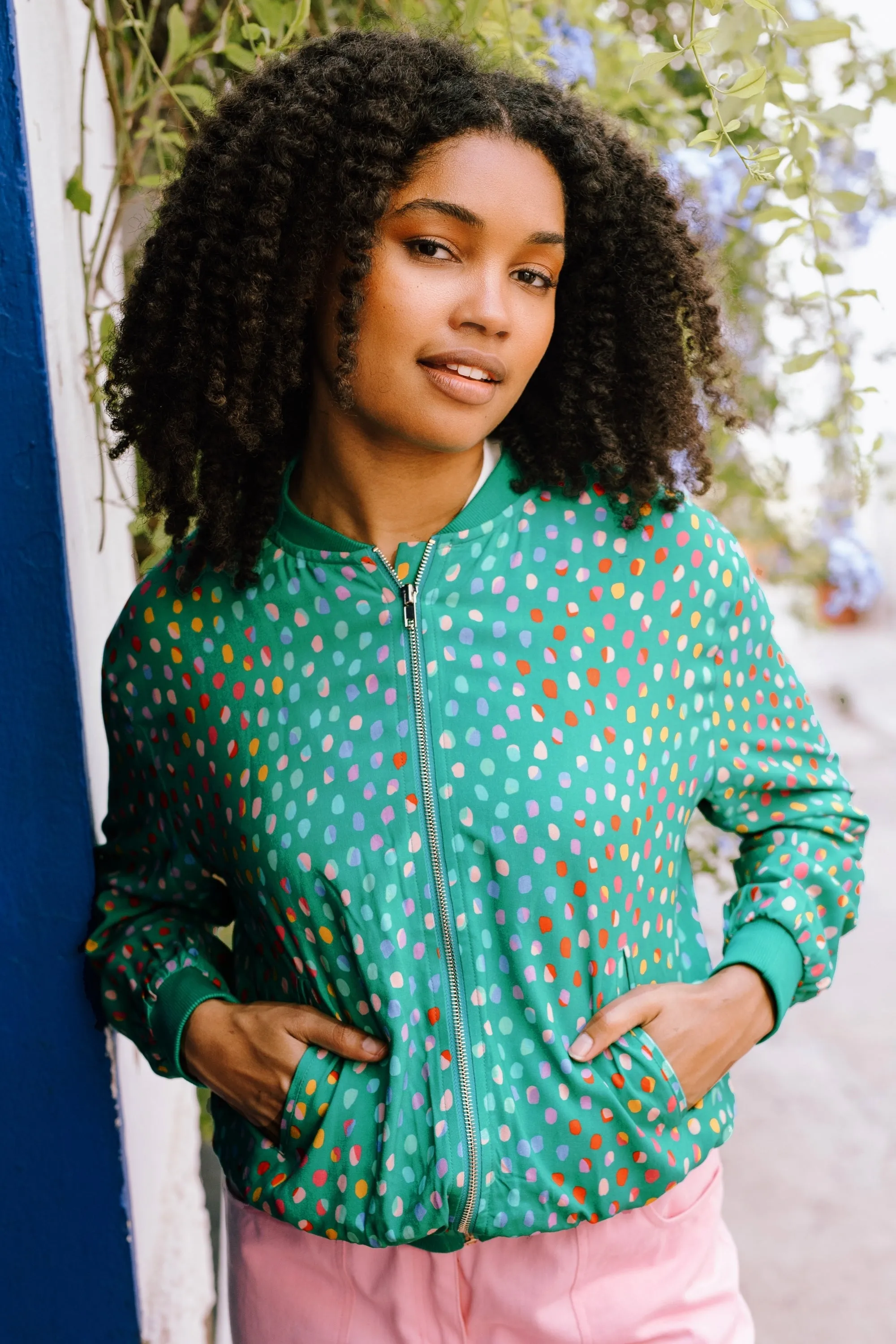 Bobbi Bomber Jacket - Green. Rainbow Pebbles