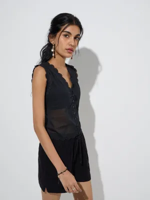 Bombay Paisley Black Scallop Detailed Cotton Top