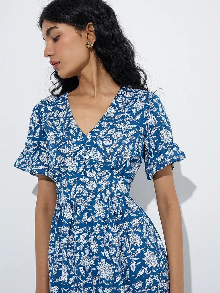 Bombay Paisley Indigo Floral Pattern A-Line Cotton Dress
