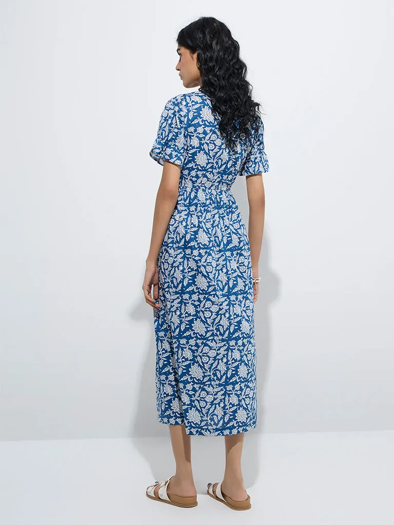 Bombay Paisley Indigo Floral Pattern A-Line Cotton Dress