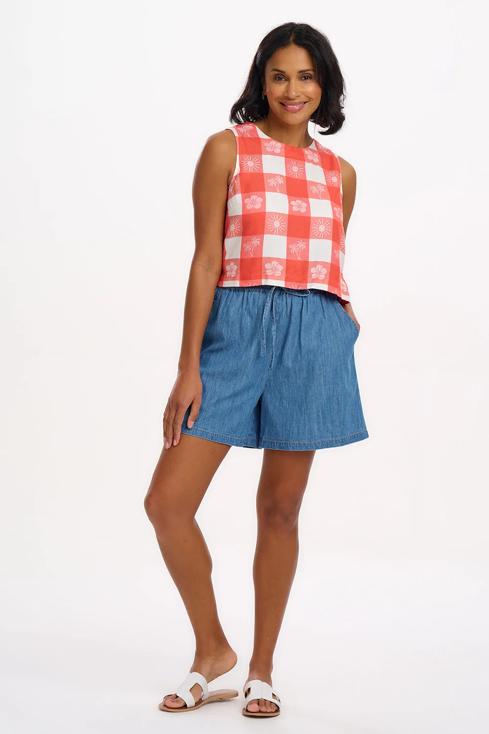 Bruna Top - Off-White/Coral. Tropical Gingham