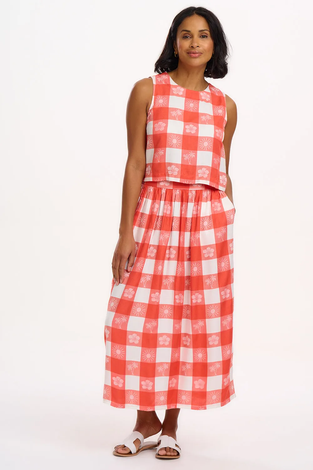 Bruna Top - Off-White/Coral. Tropical Gingham