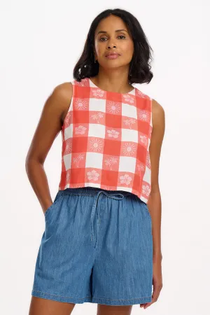 Bruna Top - Off-White/Coral. Tropical Gingham