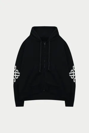 CHUNKY KNIT EMBLEM ZIP THROUGH HOODIE - BLACK