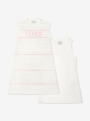 Girls Striped Crochet Dress in White