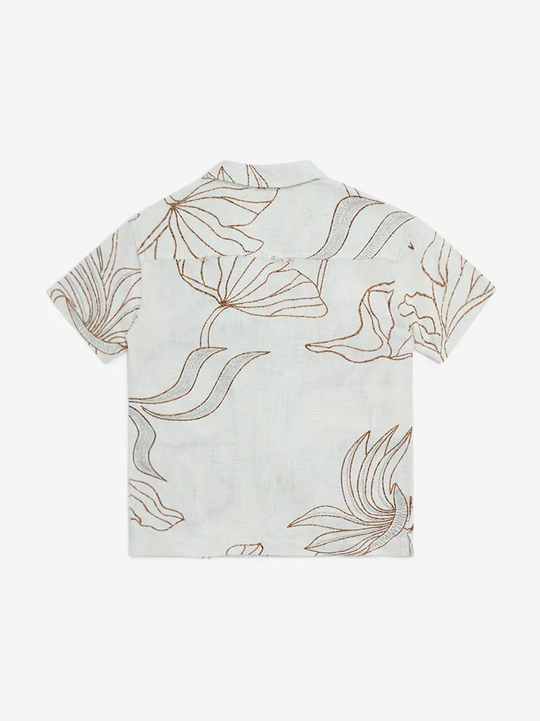 HOP Kids Beige Botanical Design Cotton Shirt