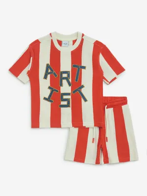 HOP Kids Red Striped Cotton T-Shirt and Shorts Set