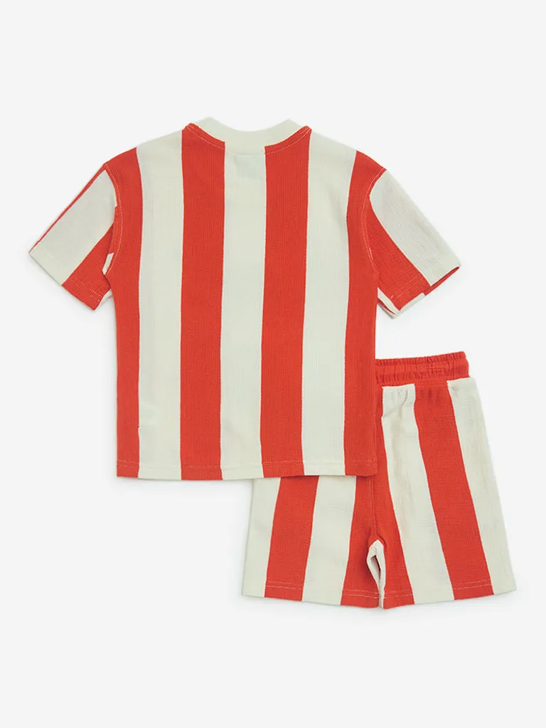 HOP Kids Red Striped Cotton T-Shirt and Shorts Set