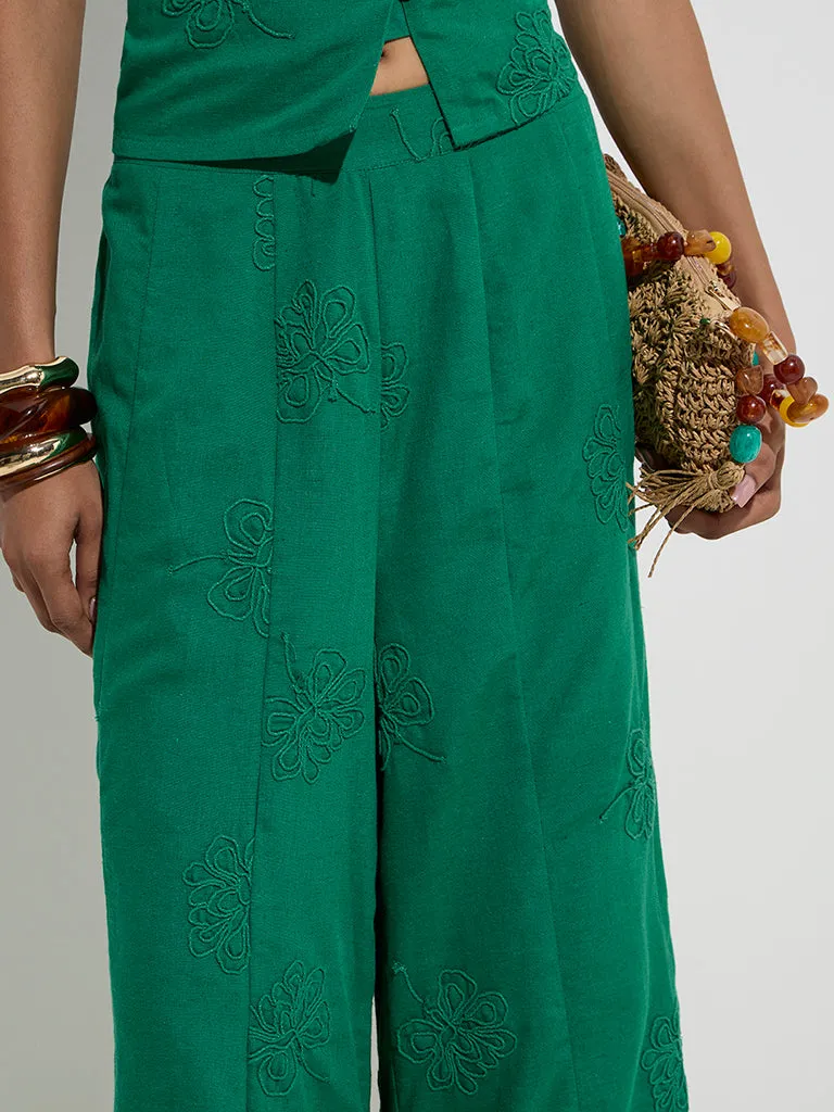 LOV Green Floral Embroidered Pants