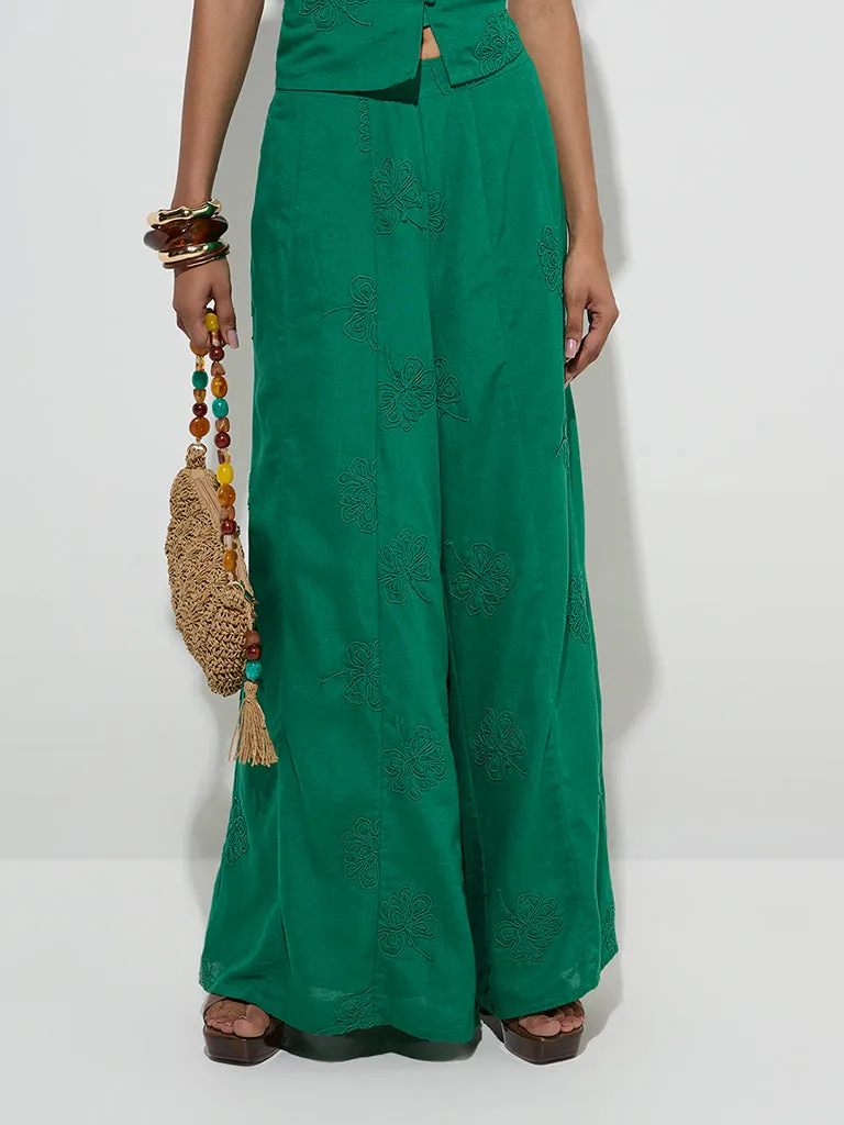 LOV Green Floral Embroidered Pants