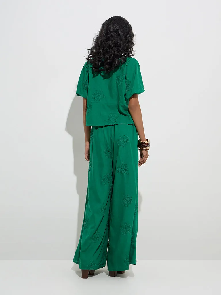 LOV Green Floral Embroidered Pants