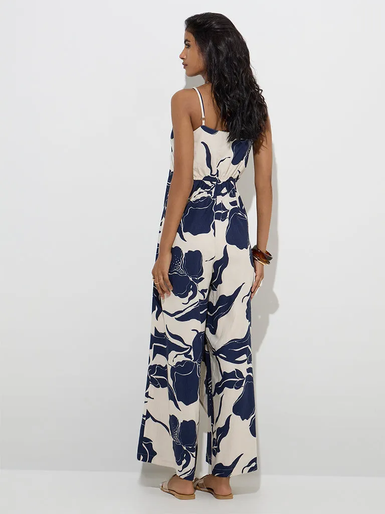 LOV Navy Botanical Printed Cotton-Blend Jumpsuit