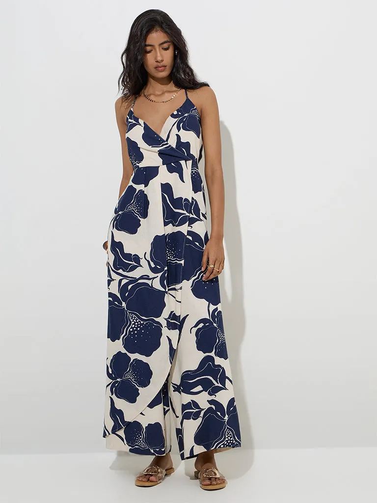 LOV Navy Botanical Printed Cotton-Blend Jumpsuit