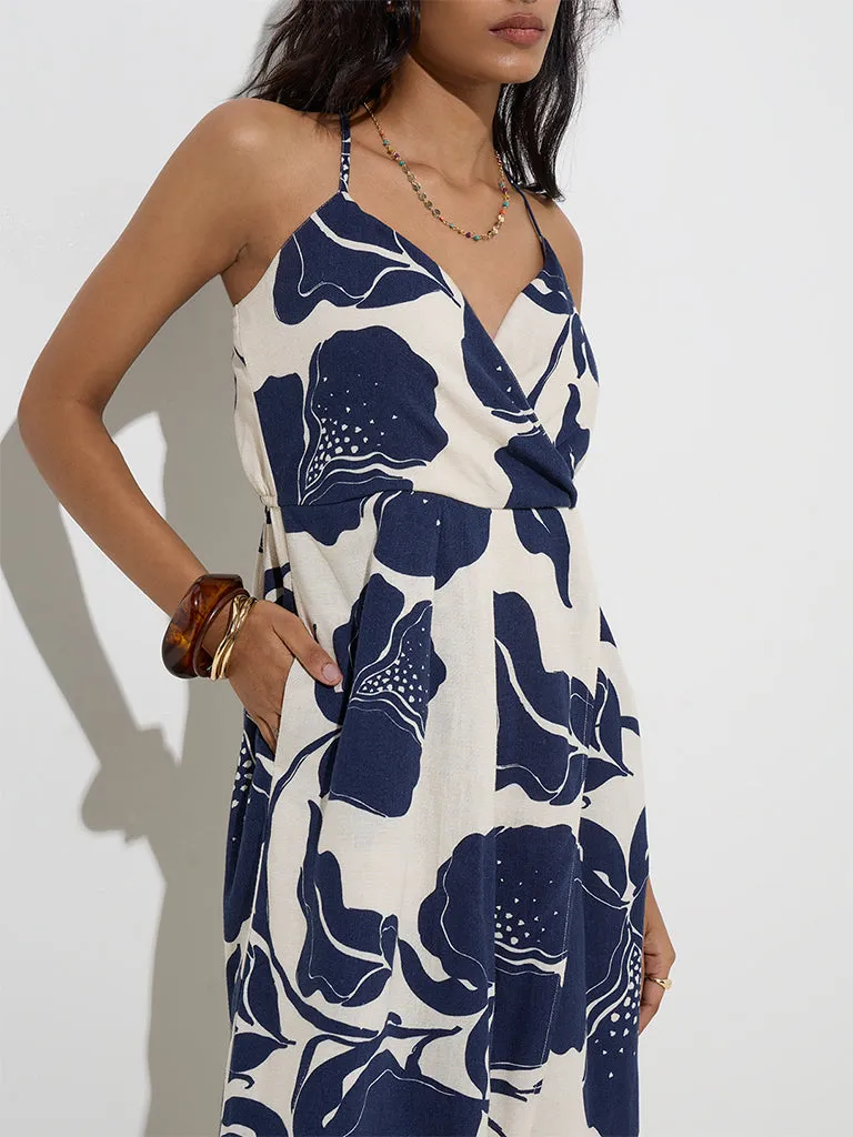 LOV Navy Botanical Printed Cotton-Blend Jumpsuit