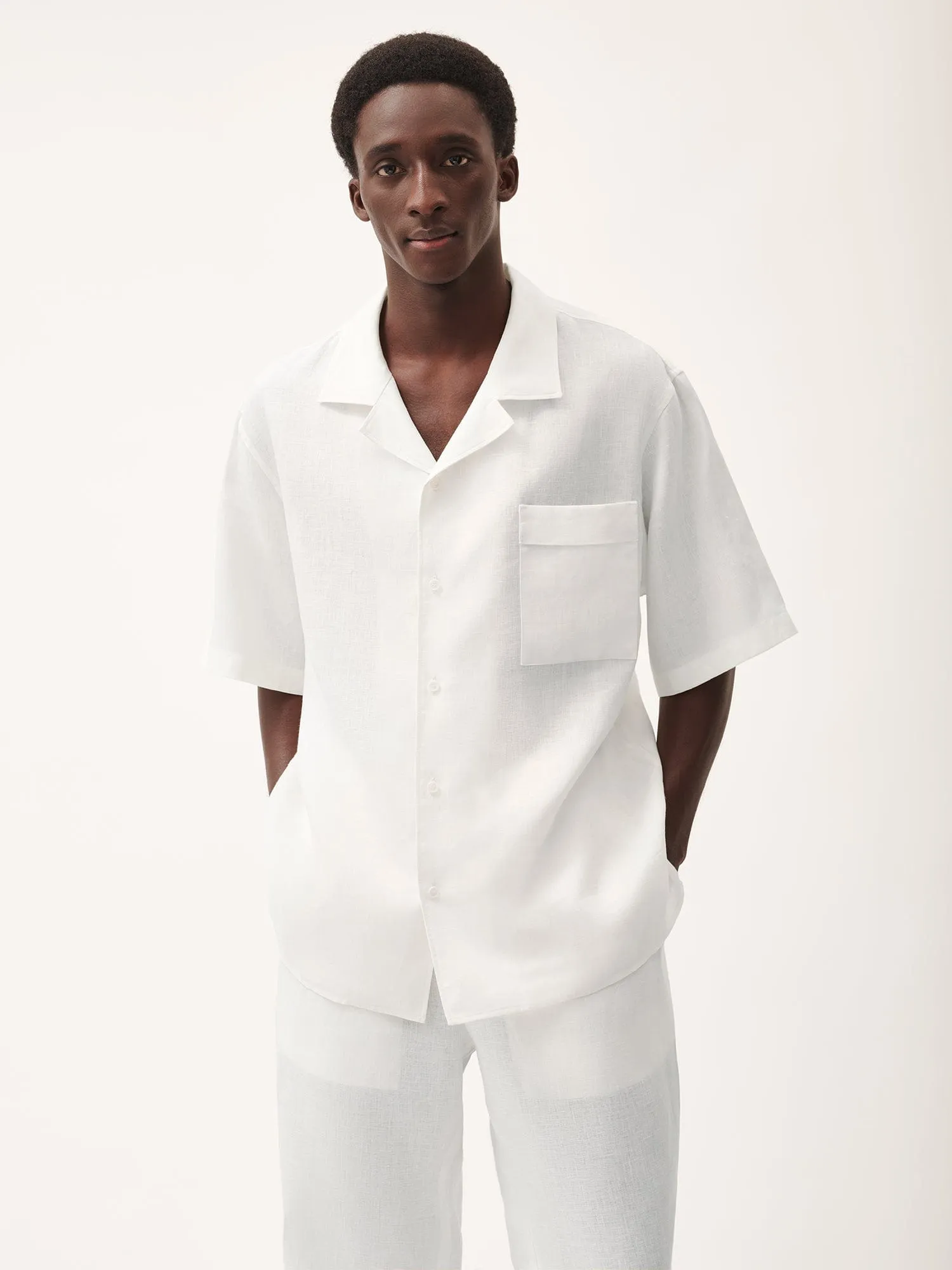 Mens Aloe Linen Camp Collar Shirt—off-white