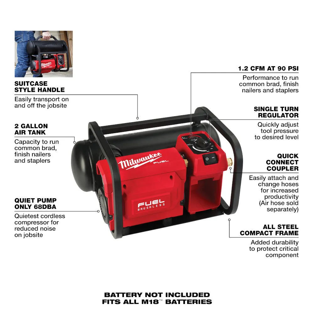 Milwaukee 2840-80 M18 FUEL 18V 2 Gallon Quiet Air Compressor - Bare Tool Recon