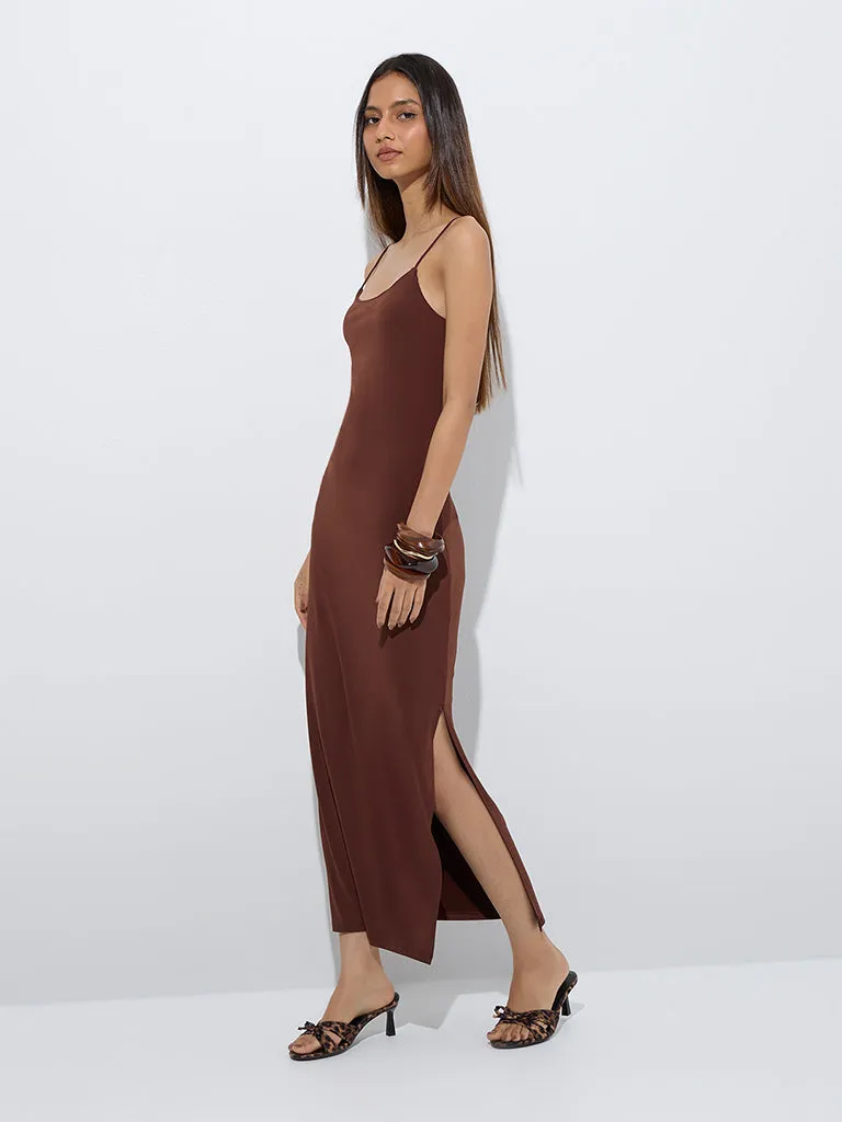 Nuon Brown Solid Straight Slip Dress