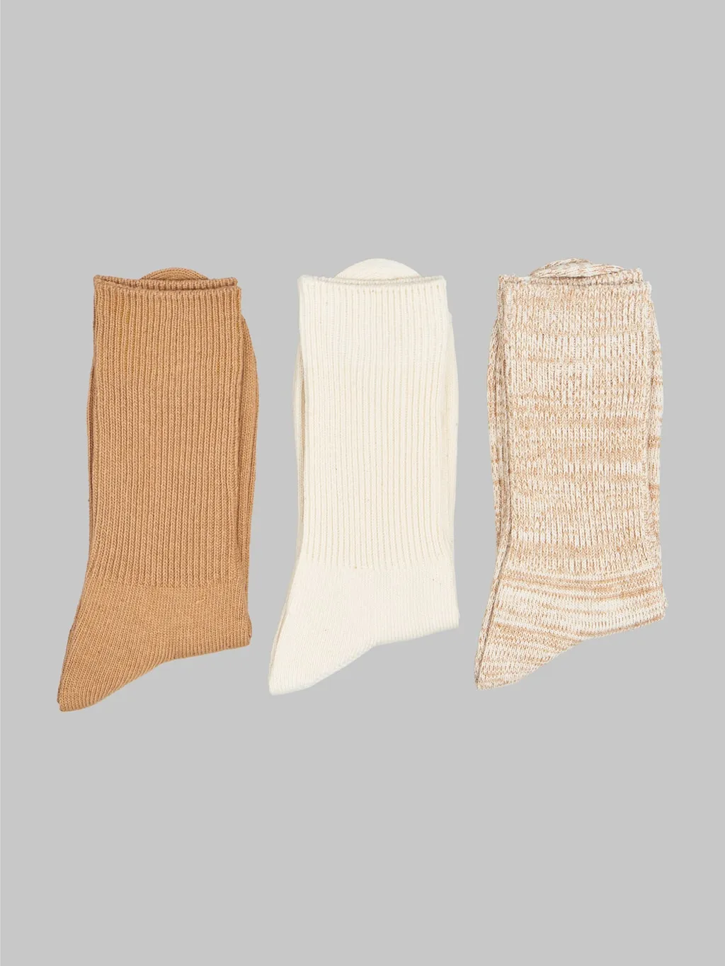 ROTOTO Organic Cotton Daily 3 Pack Ribbed Crew Socks Ecru/Brown