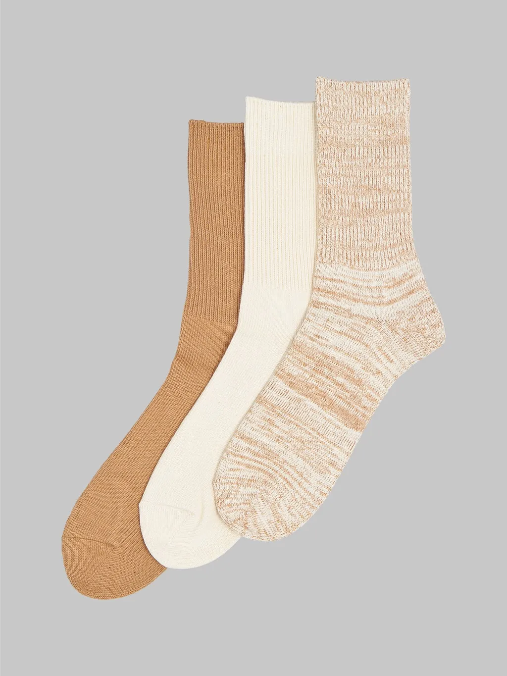 ROTOTO Organic Cotton Daily 3 Pack Ribbed Crew Socks Ecru/Brown