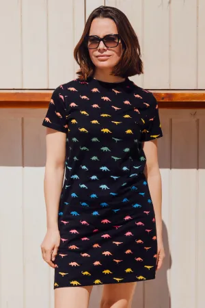 Sia T-Shirt Dress - Black. Jurassic Jive Rainbow