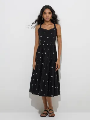 Utsa Black Geometric Design Cotton Tiered Dress