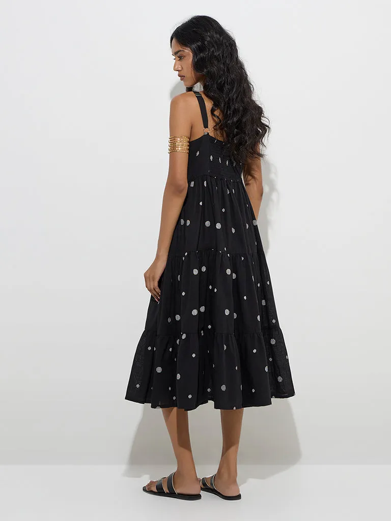 Utsa Black Geometric Design Cotton Tiered Dress
