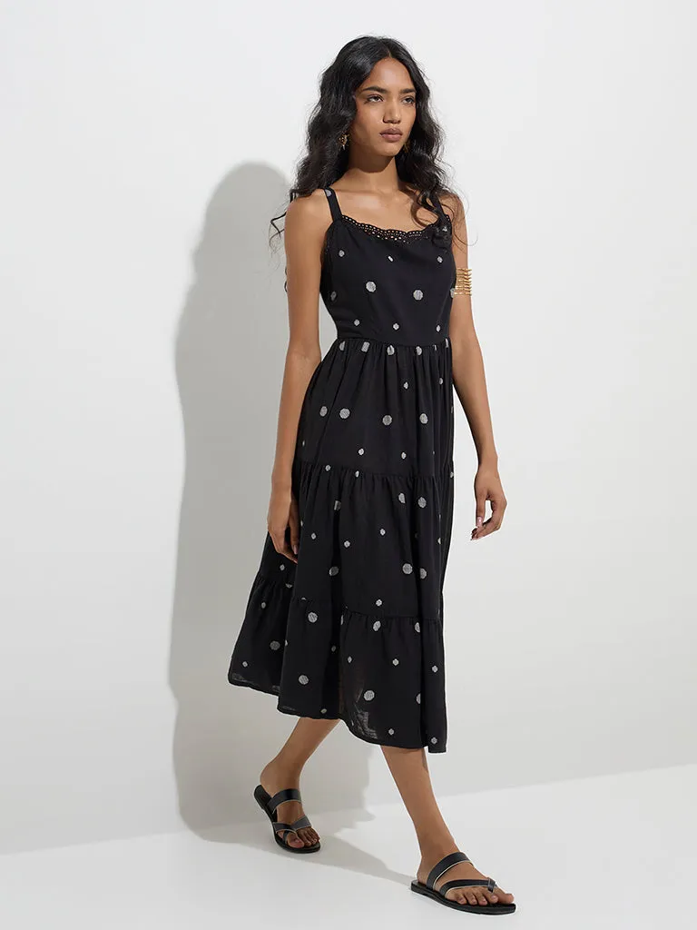 Utsa Black Geometric Design Cotton Tiered Dress