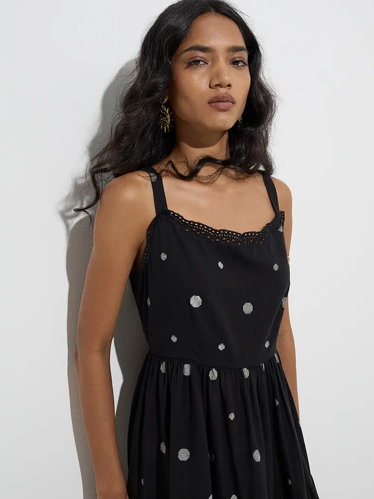 Utsa Black Geometric Design Cotton Tiered Dress