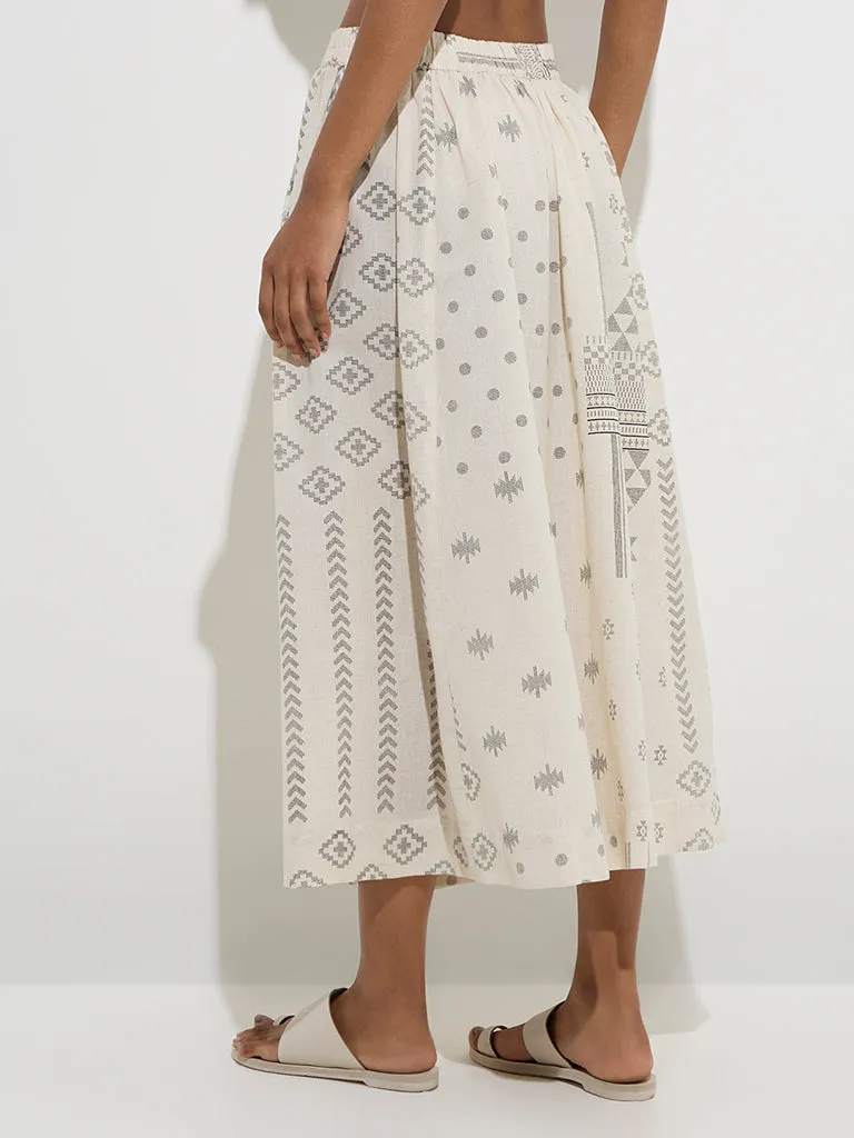 Utsa Off-White Printed Cotton-Blend Skirt