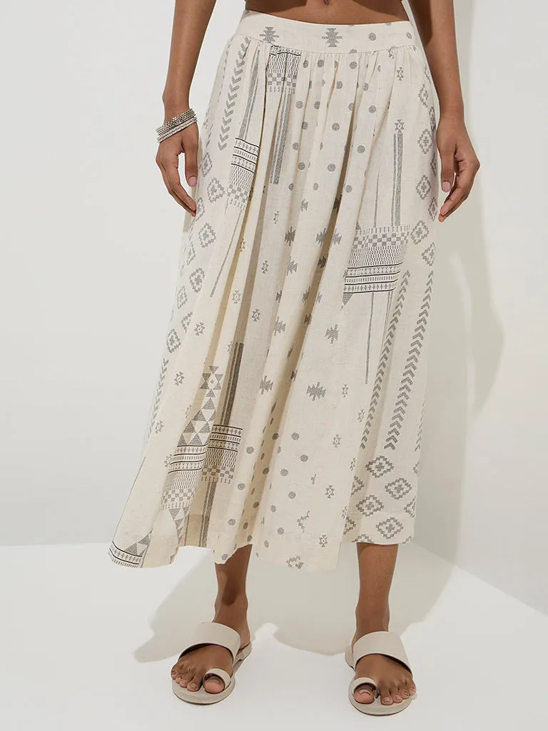 Utsa Off-White Printed Cotton-Blend Skirt