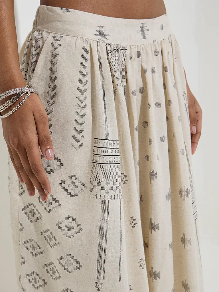 Utsa Off-White Printed Cotton-Blend Skirt