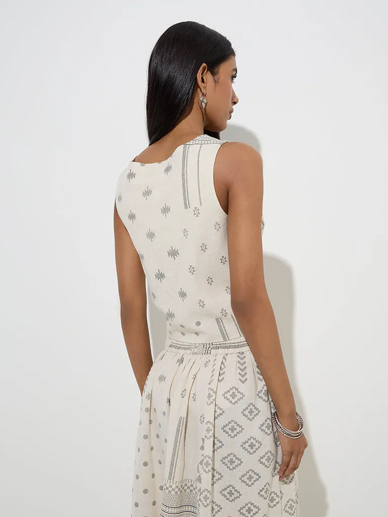 Utsa Off-White Printed Cotton-Blend Top