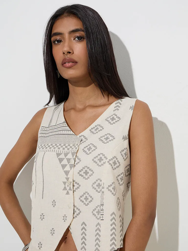 Utsa Off-White Printed Cotton-Blend Top