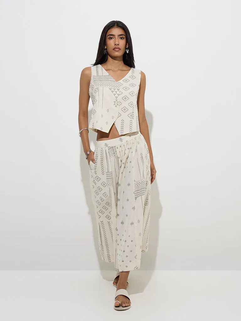 Utsa Off-White Printed Cotton-Blend Top