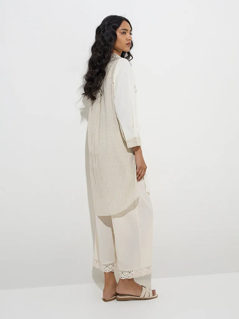 Utsa Off-White Striped Cotton-Blend Straight Kurta