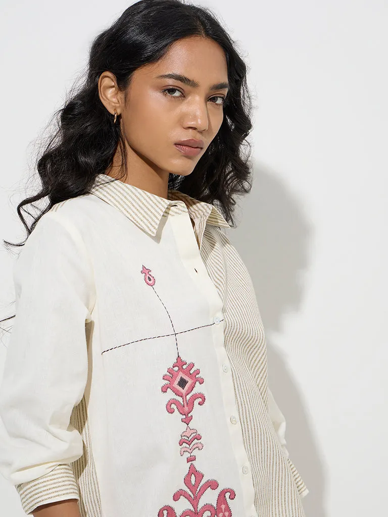 Utsa Off-White Striped Cotton-Blend Straight Kurta