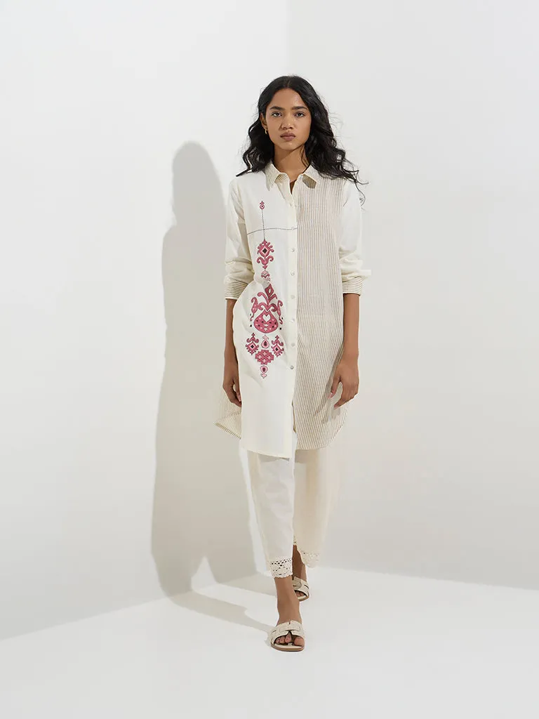Utsa Off-White Striped Cotton-Blend Straight Kurta