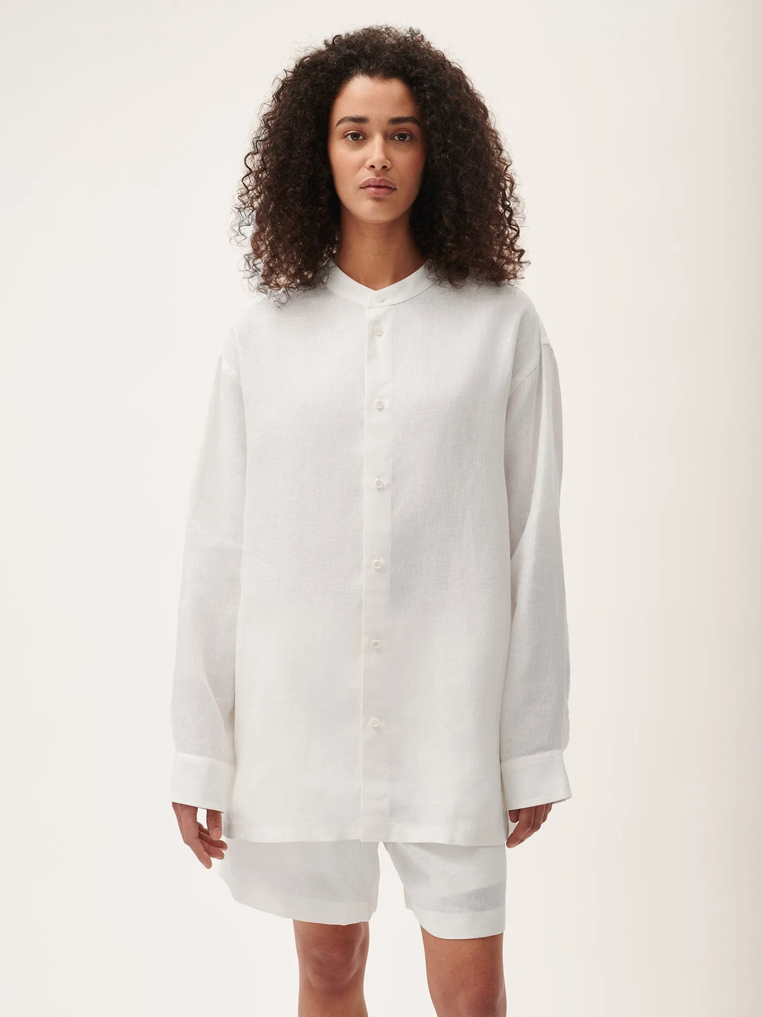 Womens Aloe Linen Mandarin Collar Long Sleeve Shirt—off-white