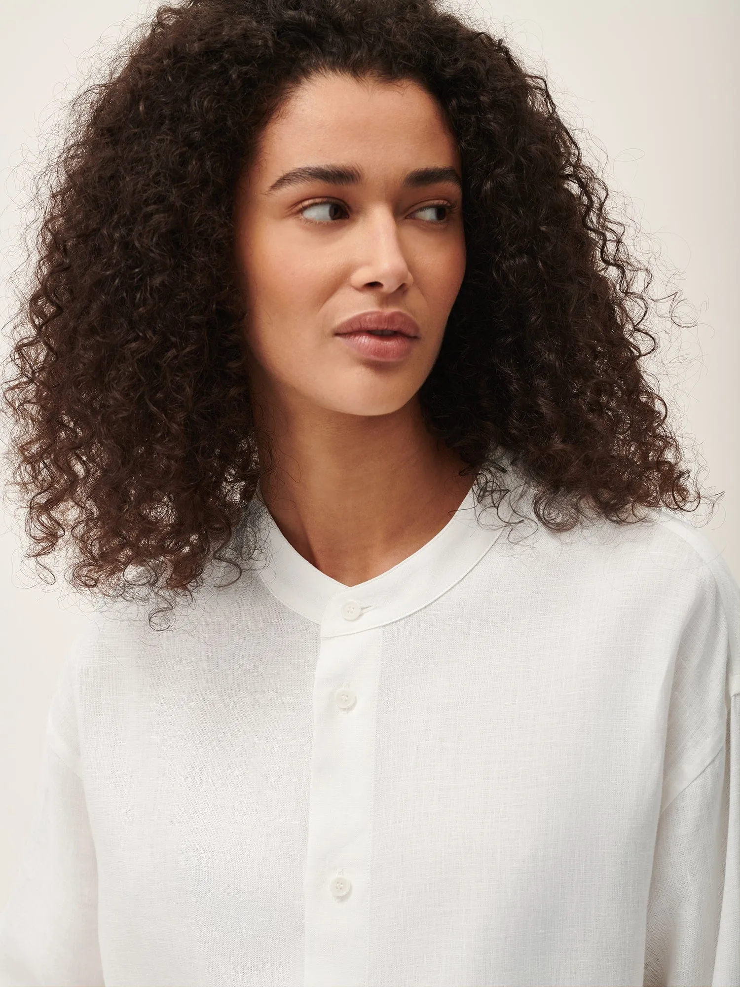 Womens Aloe Linen Mandarin Collar Long Sleeve Shirt—off-white