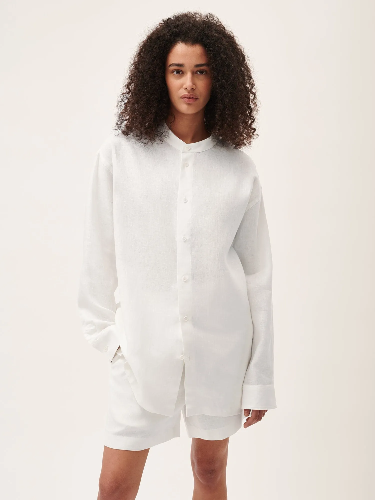 Womens Aloe Linen Mandarin Collar Long Sleeve Shirt—off-white