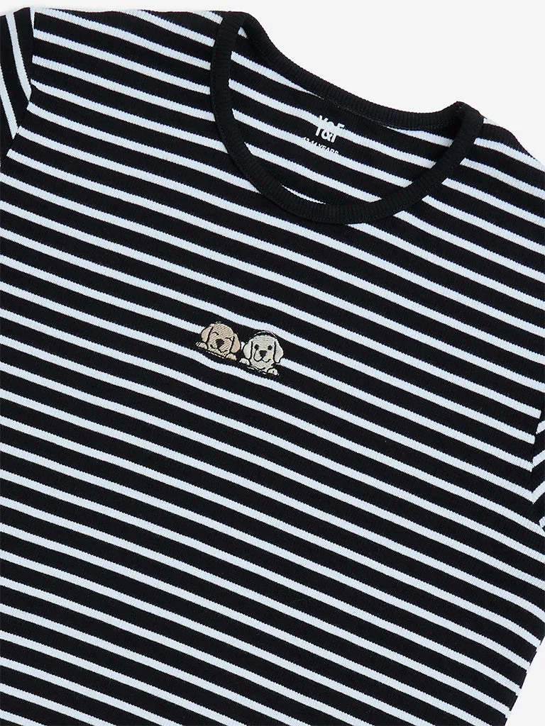 Y&F Kids Black Striped Cotton T-Shirt