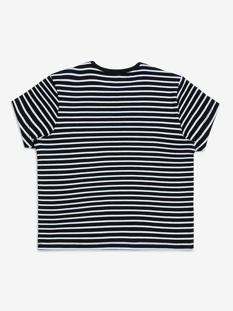 Y&F Kids Black Striped Cotton T-Shirt