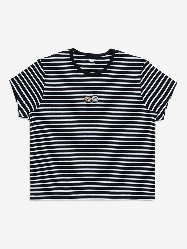 Y&F Kids Black Striped Cotton T-Shirt