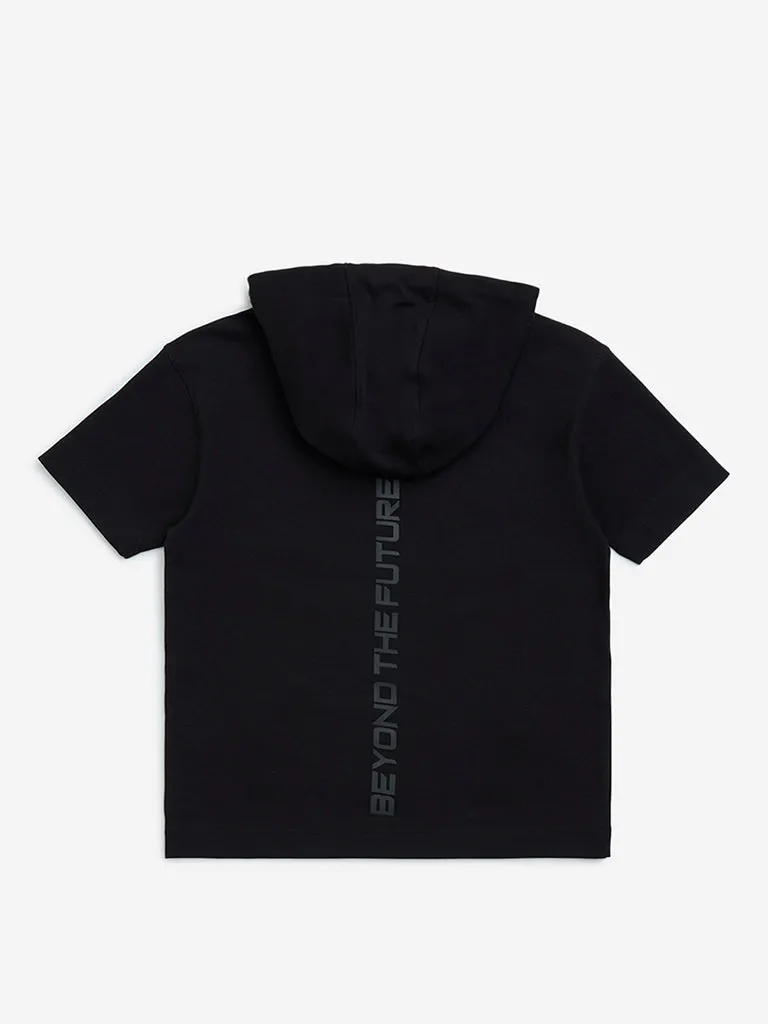 Y&F Kids Black Text Printed Cotton-Blend Hoodie