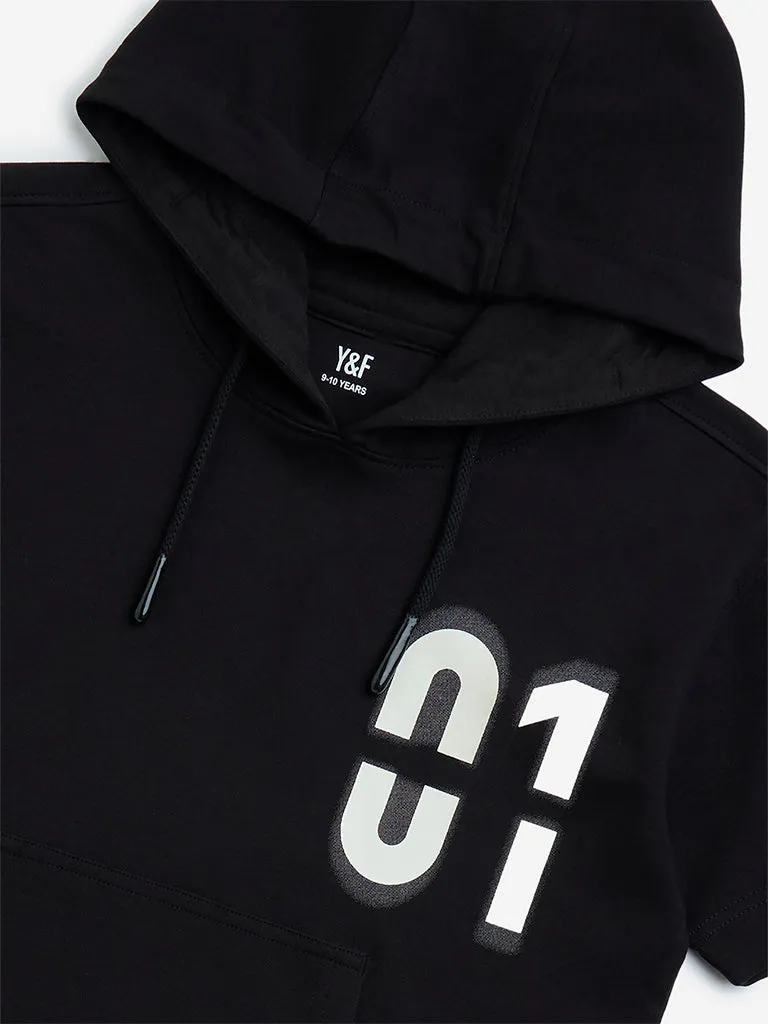 Y&F Kids Black Text Printed Cotton-Blend Hoodie