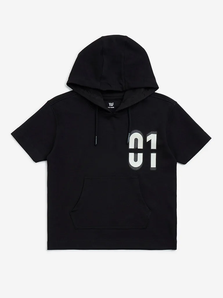 Y&F Kids Black Text Printed Cotton-Blend Hoodie