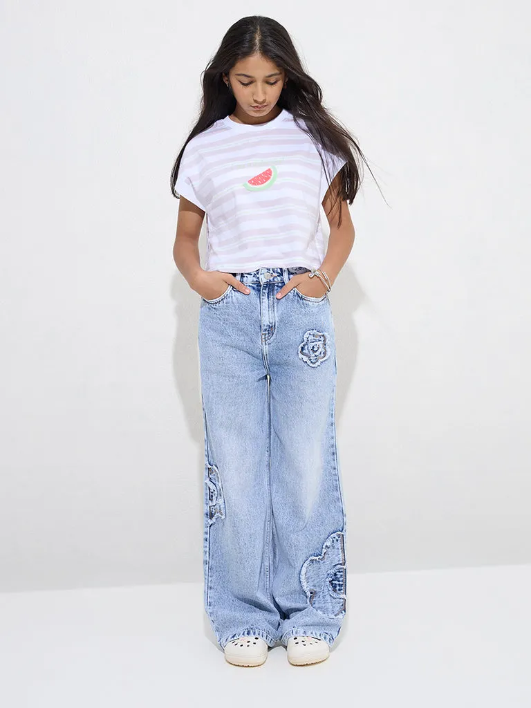 Y&F Kids Blue Floral Embroidered Straight-Fit High-Rise Jeans