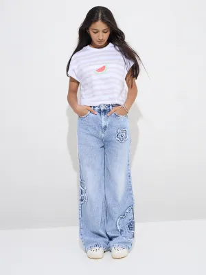 Y&F Kids Blue Floral Embroidered Straight-Fit High-Rise Jeans