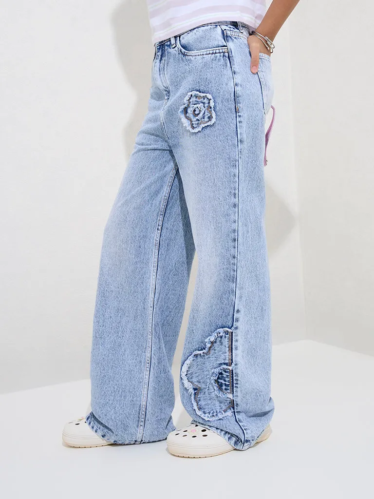 Y&F Kids Blue Floral Embroidered Straight-Fit High-Rise Jeans